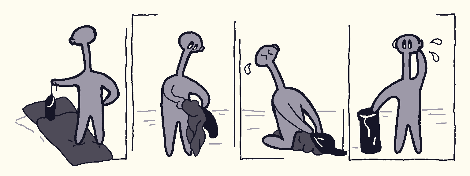 A four-panel illustration; in the first panel, an alien is standing by a sleeping bag, holding its sleeve confidently. In the second panel, the alien tries to shove the sleeping bag into the sleeve, but it clearly won't fit. In the next panel, the alien has rolled up the sleeping bag and is forcefully trying to pull the sleeve over the bag. In the final panel, the alien is visibly exhausted, but has finally managed to get the sleeping bag into the sleeve.