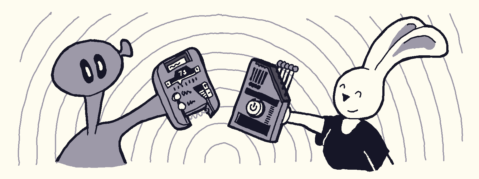 A top-down perspective shot of a long-necked alien and a bunny holding up two handheld devices (one each). The alien is holding up the Stello-Matic, a rounded rectangular device with several buttons, a cartridge slotted into the top, a small screen, and an electric sine wave being generated at the bottom. The bunny is holding the Decho-Matic, a similar device, but with sharp corners, five antennae, some indicators, and a singular on-off button between two horizontal screens.