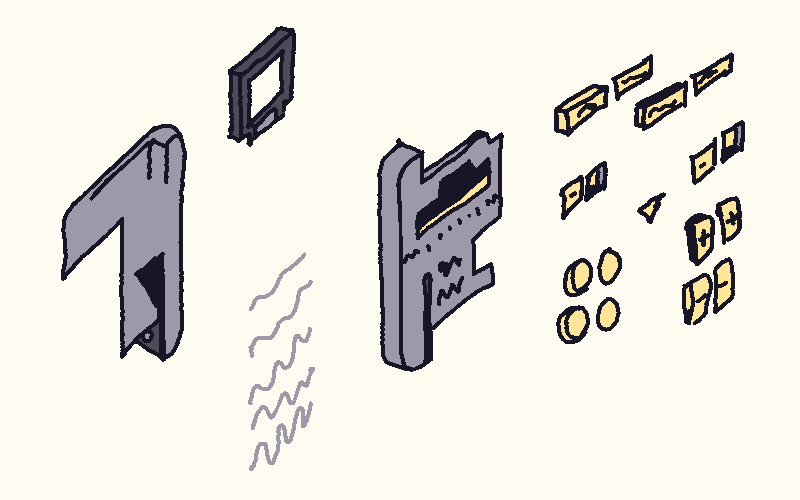 A simplified rendition of the different layers used for the Stello-Matic. From left to right, it starts with a background layer, which already includes the volume indicator and other small details. Next, the cartridge and several waveforms. Then the main device layer, with most of the details, such as the ETA screen and START and STOP labels. Lastly, all of the buttons, and each button has its pressed variant next to it.