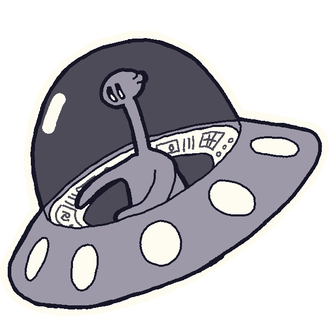 Alien flying in a stereotypical spaceship; a saucer with lights all around, topped with a glass dome through which the alien is visible.